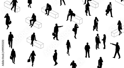 black and white silhouettes of business people in various poses on white background