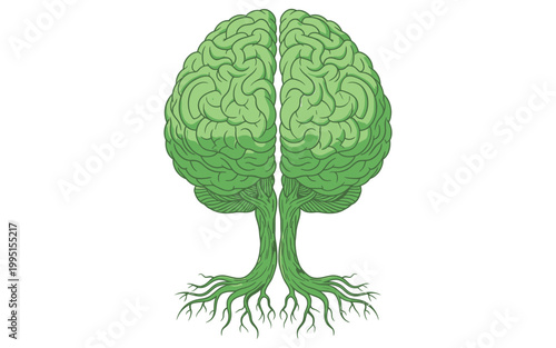 A vibrant green illustration of a human brain shaped like a leafy tree