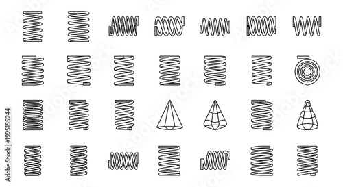 collection of different types of springs and coils line art vector icons