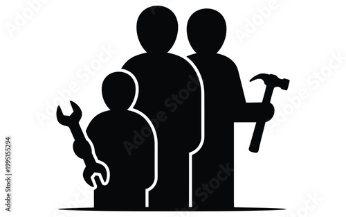 Silhouetted family of three with tools depicting construction repair and skilled trades