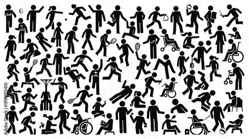 Diverse crowd of silhouetted people engaging in various activities representing modern life