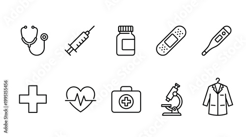 Medical supplies and symbols in healthcare clinic environment illustrations informative overview