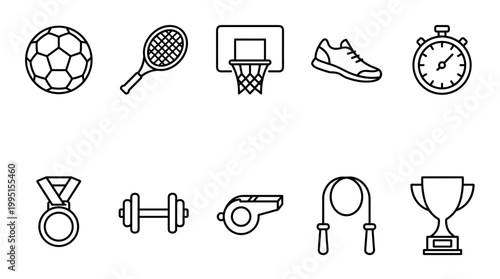 Exciting sports activities for fitness enthusiasts gym icon collection minimalistic design top-down view active lifestyle
