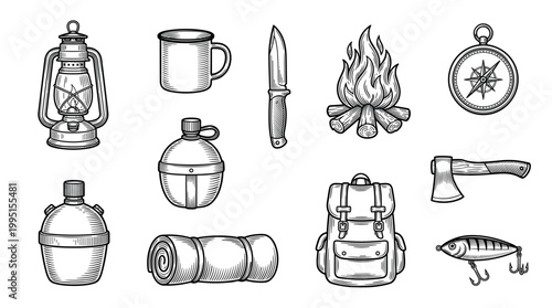 Camping gear essentials for outdoor adventures nature illustration rustic aerial view survival concept