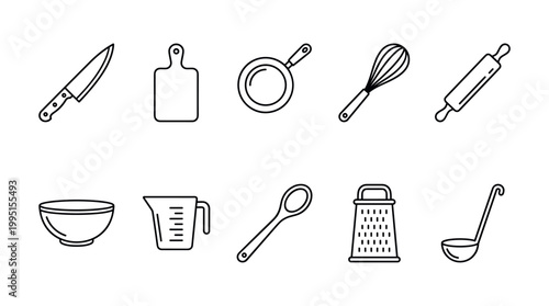 Essential cooking tools and utensils for every kitchen culinary setup icon collection minimalist style