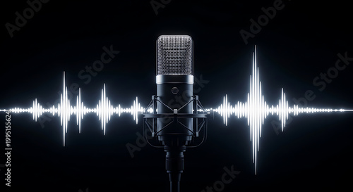 Vintage condenser microphone with soundwave reflection on dark studio background