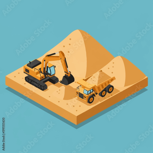 Photos Isometric illustration of construction site with excavator and dump truck