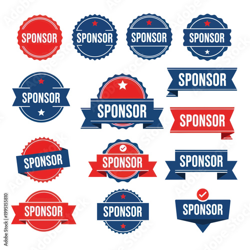 Photos Set of Sponsor Badges and Ribbons, Red and Blue Colors, Vector Graphics