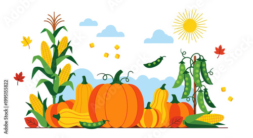 Autumn Harvest Bounty: Pumpkins, Corn, Peas, and Fall Leaves