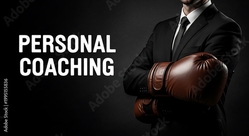 Professional business coach in suit with boxing gloves symbolizing personal coaching and motivation