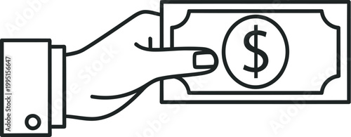 Human Hand Holding and Giving Money Bill Line Art, Professional Financial Transfer and Salary Payment Symbol, Minimalist Vector Illustration for Business Apps