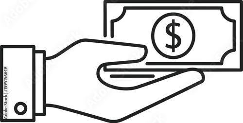 Businessman Hand Holding Cash Dollar Banknote Vector Line Icon, Financial Transaction and Payment Concept, Minimalist Black Outline Isolated on White Background
