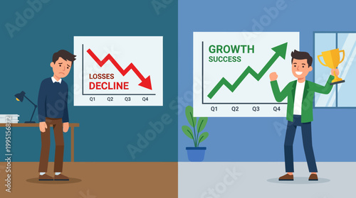 Illustration of contrasting business presentations showing decline and growth trends.