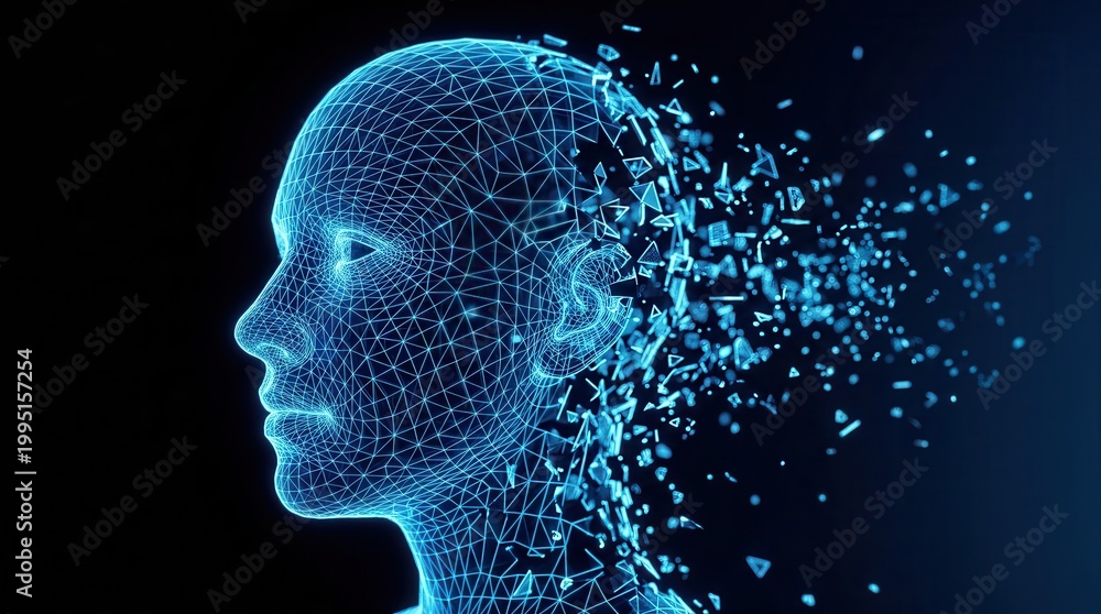 Obraz premium Artificial intelligence concept featuring a human face disintegration and dissolve effect.