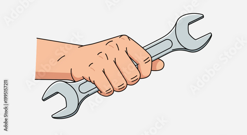 Close-up of a human hand firmly gripping a metallic open-end wrench, ready for mechanical work, presented in a clean, stylized cartoon aesthetic against a neutral background.