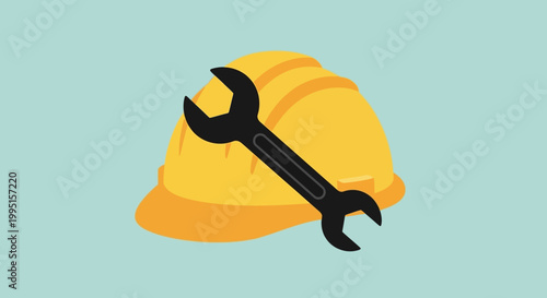 Yellow construction hard hat with a black wrench overlaid in a minimalist, flat vector art style on a light blue background, symbolizing work, repair, and safety.