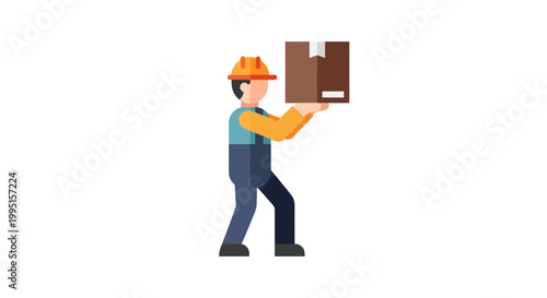 Industrial worker in hard hat and overalls carefully carrying a brown shipping box, flat design, isolated on white background, representing logistics, delivery, and manual labor.