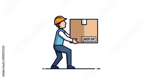 Cartoon construction worker in hard hat, carrying a large cardboard box labeled 'Labor Day' with a determined expression, flat design.