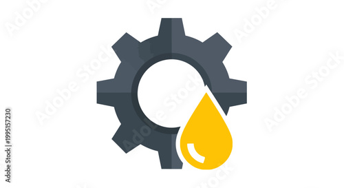 Modern flat design icon of a dark grey cogwheel with a bright yellow oil droplet falling into its center, symbolizing mechanical maintenance and lubrication services.