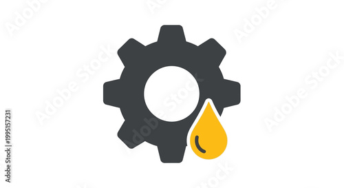 Sleek, modern dark gray gear icon with a vibrant yellow droplet of oil or lubricant in a flat, minimalist design for industrial or mechanical concepts.