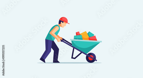 A determined construction worker pushes a loaded wheelbarrow full of colorful bricks across a plain background in a modern flat design style.