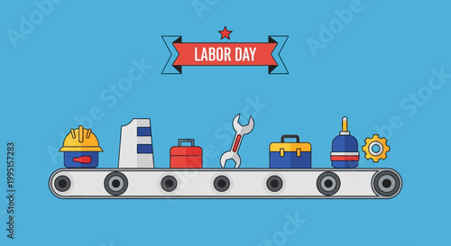 Flat design conveyor belt displaying assorted construction and industrial tools and equipment, celebrating American Labor Day with festive ribbon.