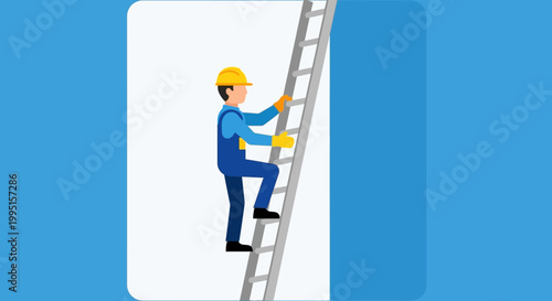 A construction worker in a blue uniform and yellow hard hat climbs a silver ladder against a bright blue wall, symbolizing progress, career advancement, and a successful ascent.