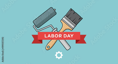 Flat design graphic with crossed paintbrush and roller, commemorating Labor Day, set against a teal background with a small gear icon below.