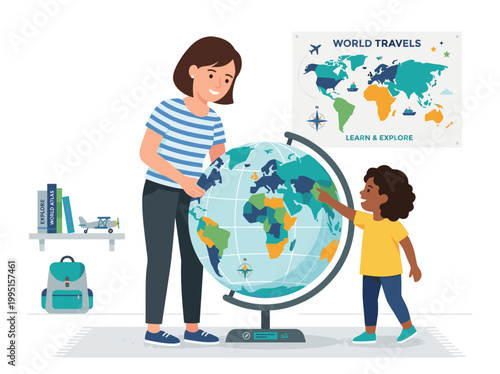 A woman and a child exploring a globe in a classroom setting with educational materials