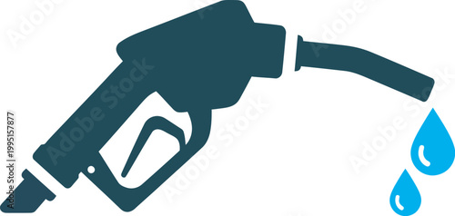 Minimalist Fuel Dispenser Nozzle Silhouette with Blue Oil Drops for Petroleum Industry and Logistics Infographics