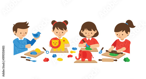Four children are happily playing with colorful modeling clay at a table, creating animal shapes like a bird, a lion, and a red elephant.