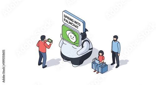 Isometric illustration of a large panda holding a sign with people.