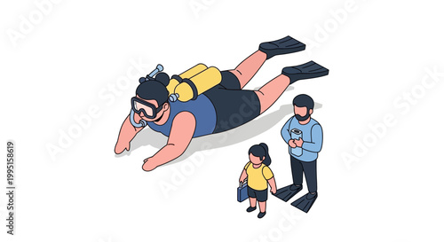 Isometric Illustration of a Scuba Diver with Family Members.