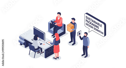 Isometric illustration of a sustainable packaging design seminar with attendees.