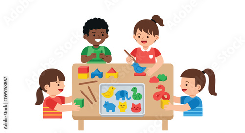 Four diverse children sit around a wooden table, creatively playing with colorful clay animals and building blocks in a preschool setting.