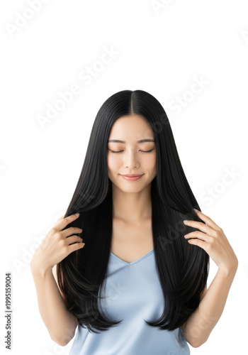 young japanese woman with glossy jet-black hair delicately running her hands through the strands, eyes closed, wearing a blue camisole against a transparent studio background. concept of hair care and