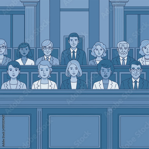 Konstfotografi Diverse Jury Group Sitting in Formal Courtroom Setting, Legal System and Trial J