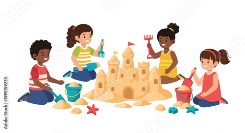 Four diverse children are happily playing together in the sand, building a detailed sandcastle with buckets, shovels, and various beach toys.