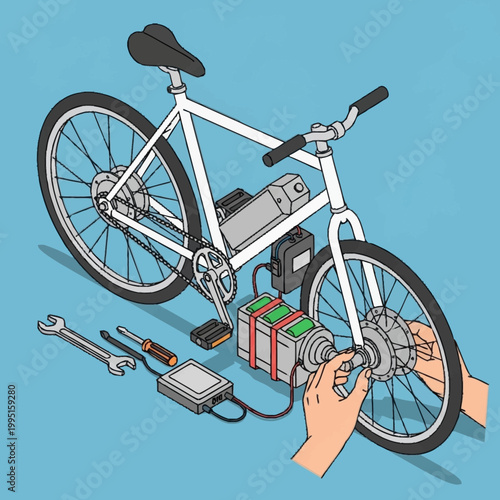Hands repairing an electric bicycle.