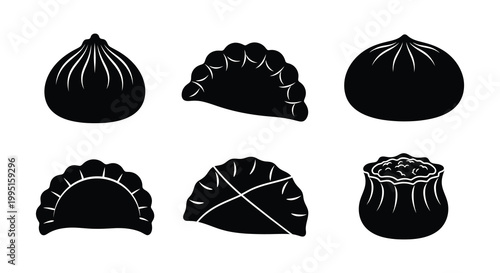 Six black silhouettes of various dumpling shapes and sizes silhouette