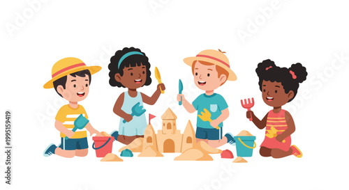 Four diverse children are joyfully building an elaborate sandcastle together on the beach, using various colorful buckets and sand shovels.