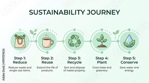 A graphical representation of the sustainability journey, including steps to reduce waste, reuse items, recycle materials, plant greenery, and conserve resources. 