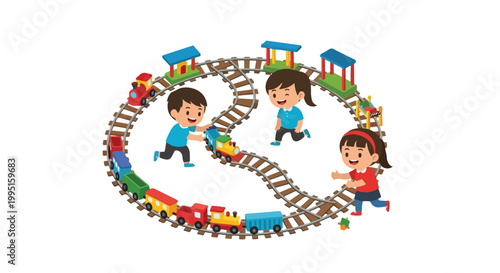 Three children are happily playing with a toy train set on a winding wooden track, featuring colorful engines and miniature stations.