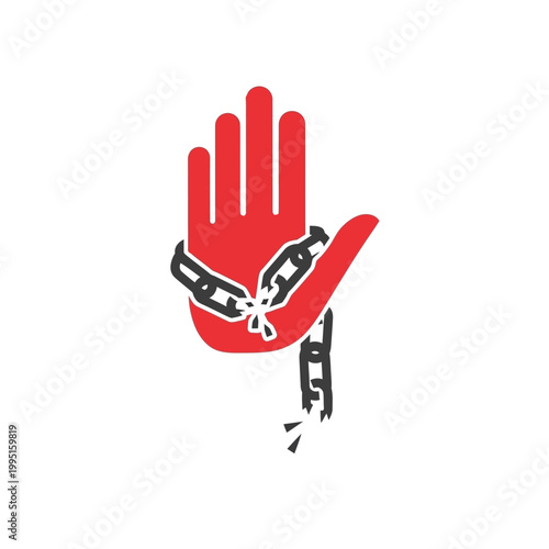 Powerful red hand icon with broken chain, symbolizing freedom, human rights, liberation, and protection from oppression and injustice