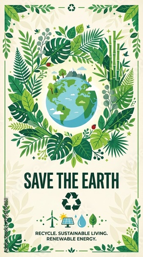 A vibrant image promoting environmental conservation, featuring the Earth surrounded by lush greenery and the text SAVE THE EARTH