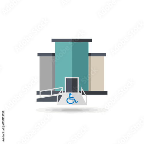 Flat color icon of a modern building with a clear wheelchair ramp and accessible entrance symbol, illustrating universal design principles for public spaces and facilities