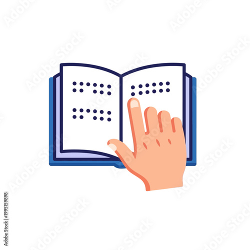 Illustration of a hand reading a braille book, symbolizing accessible education and communication for visually impaired people, promoting inclusivity and literacy