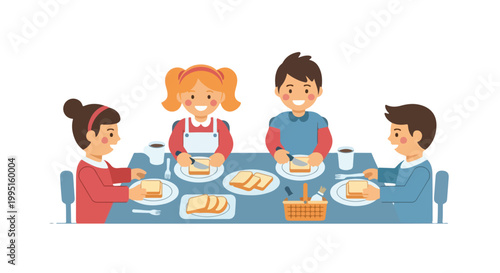 Four happy young children are sitting together at a dining table, enjoying a meal of bread slices and drinks in a friendly group setting.