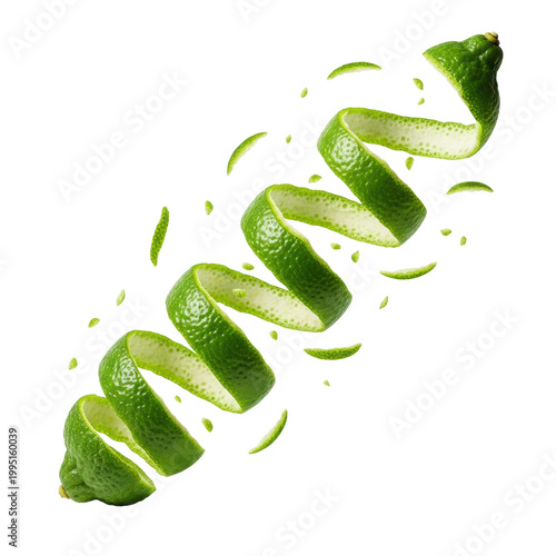 Ultra-detailed macro view of a vibrant green lime peel spiral, luminous oil glands visible, with delicate floating zest against a transparent background, premium freshness concept