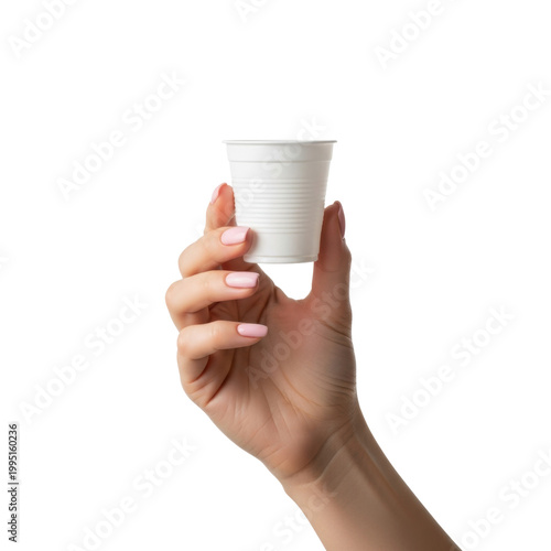 well-manicured caucasian woman's hand showing glossy pink polish gently holding a small white plastic disposable sample cup against a pristine studio background, minimalist commercial concept